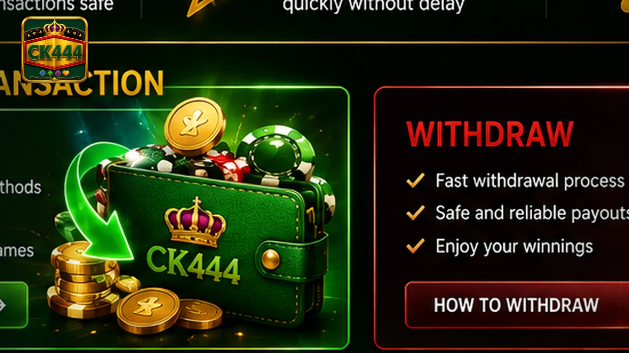 Bright CK444 deposit casino artwork with green wallet, gold coins, chips and lights