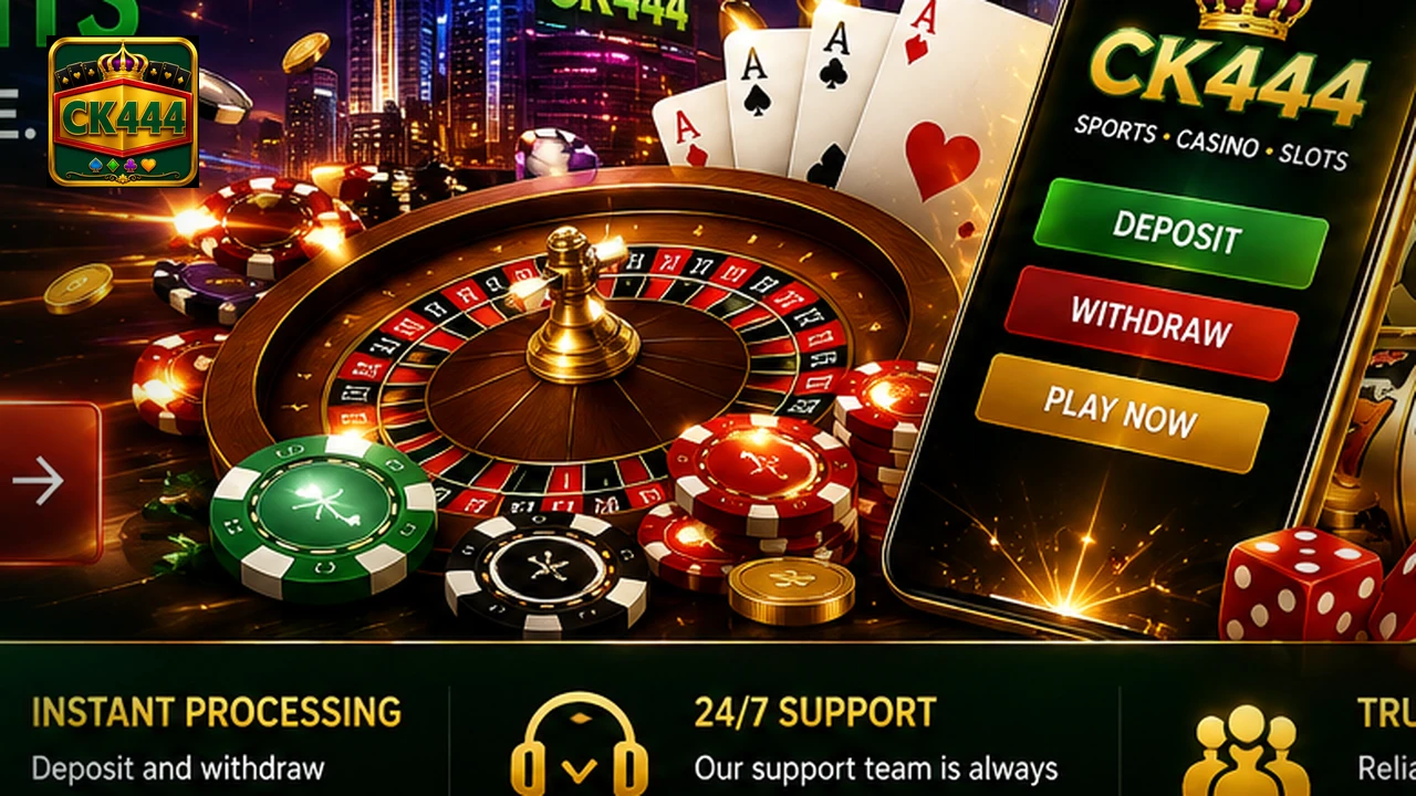 CK444 payment collage with casino chips, roulette, coins and mobile gaming elements