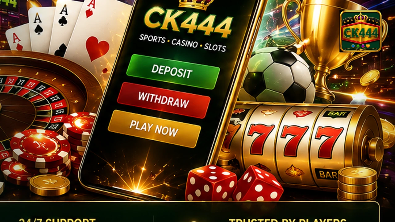 Bright CK444 casino support artwork with chips, trophy, coins and gaming elements