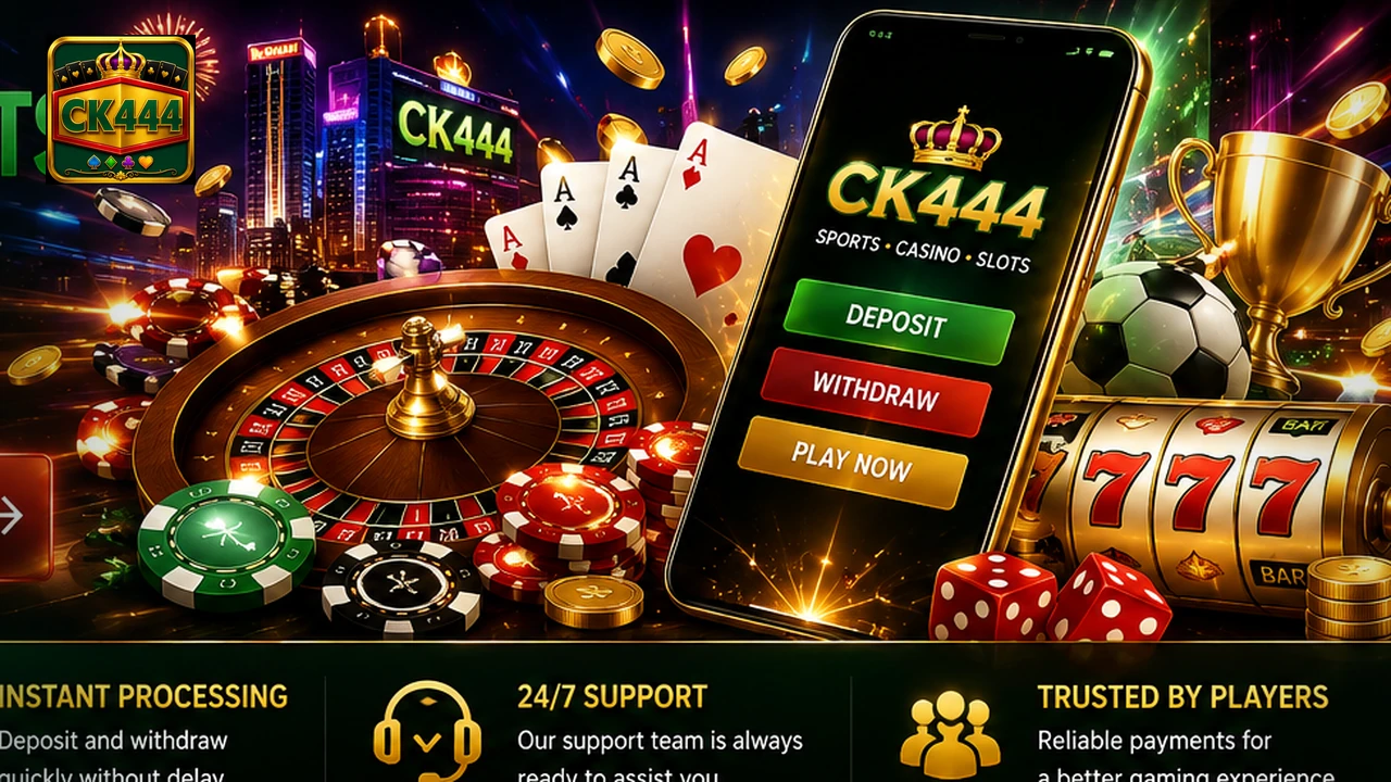 Bright CK444 casino collage with roulette, cards, chips, coins, mobile gaming and slot elements