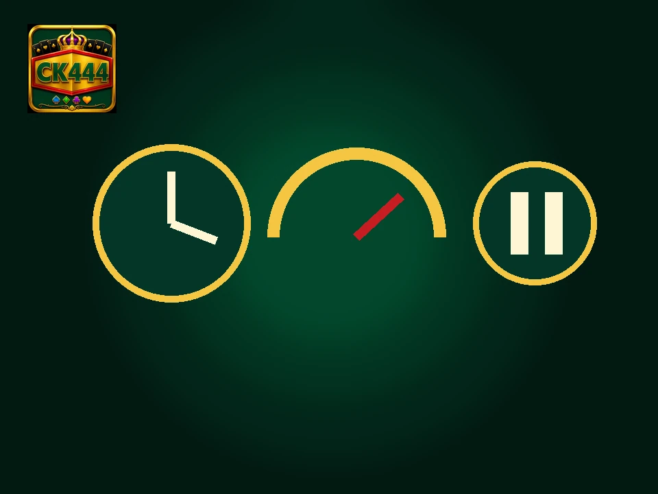 CK444 responsible-play visual with clock, budget gauge and pause icon