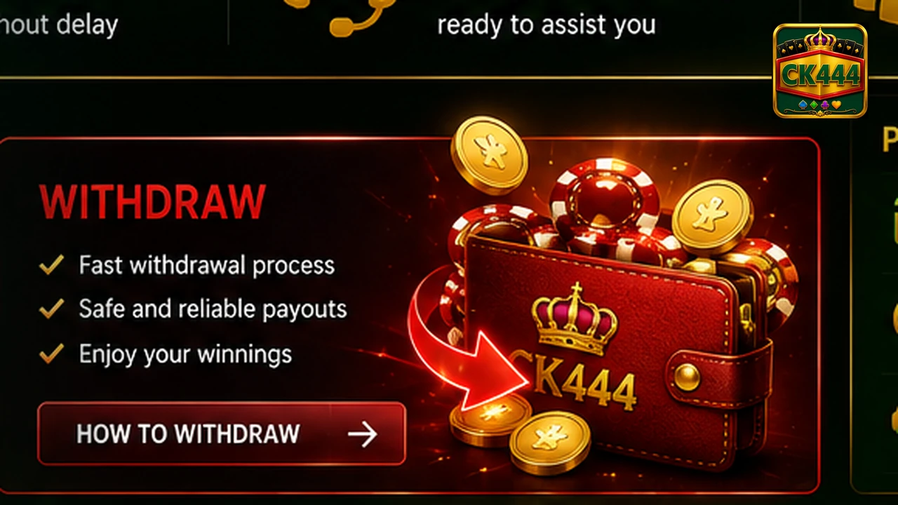 Bright red and gold CK444 cashout artwork with wallet, coins, chips and casino lights